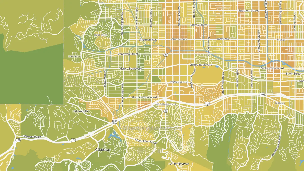 Map of the best neighborhoods in the 91367 area, with better matches in green and worse matches in red