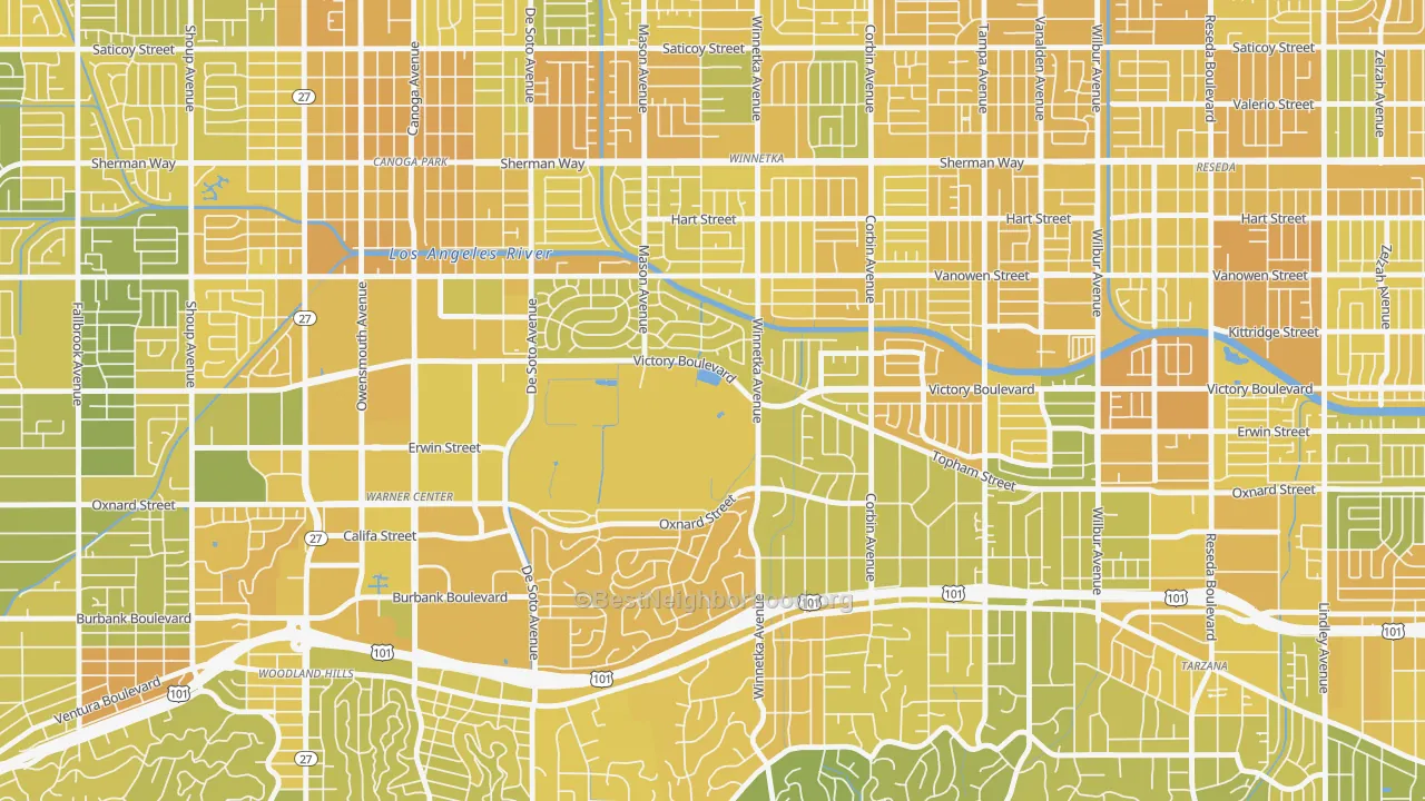 Map of the best neighborhoods in the 91371 area, with better matches in green and worse matches in red