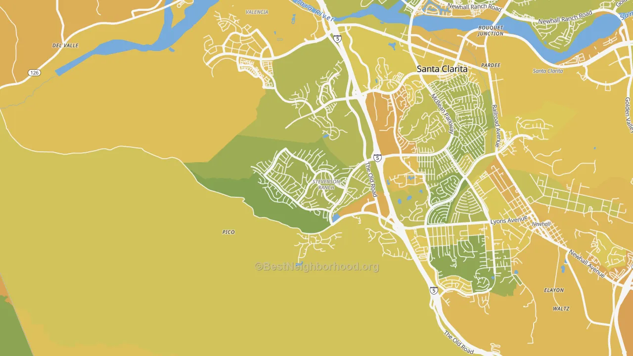 Map of the best neighborhoods in the 91381 area, with better matches in green and worse matches in red