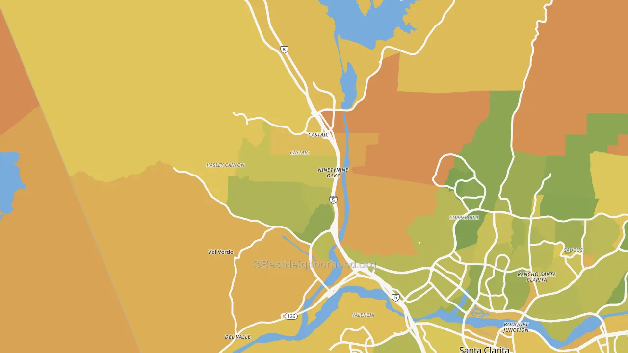 Map of the best neighborhoods in the 91384 area, with better matches in green and worse matches in red