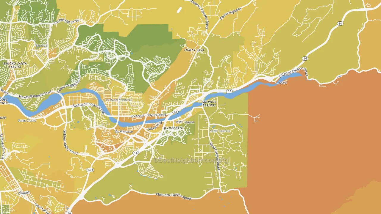 Map of the best neighborhoods in the 91387 area, with better matches in green and worse matches in red