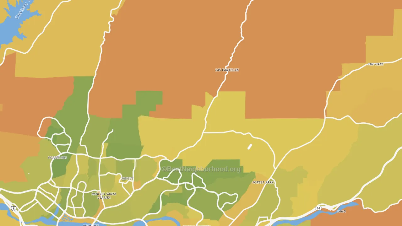 Map of the best neighborhoods in the 91390 area, with better matches in green and worse matches in red
