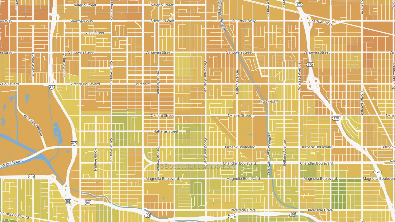 Map of the best neighborhoods in the 91401 area, with better matches in green and worse matches in red
