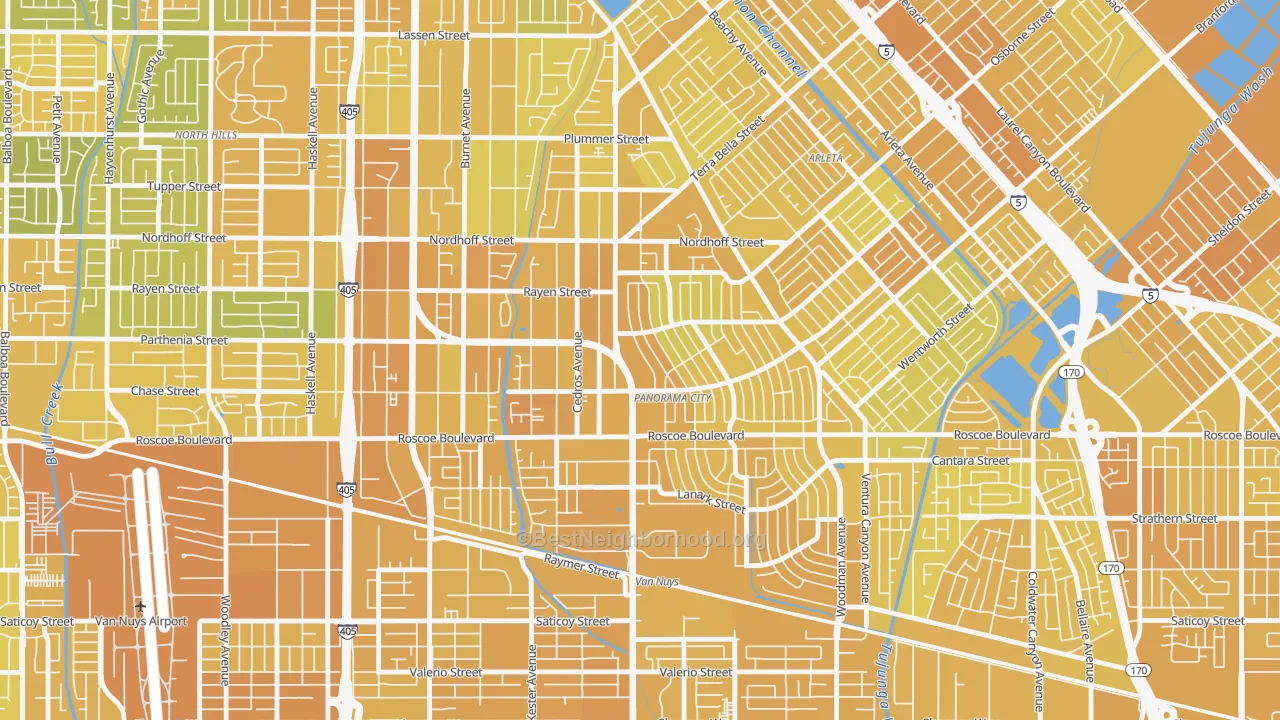 Map of the best neighborhoods in the 91402 area, with better matches in green and worse matches in red