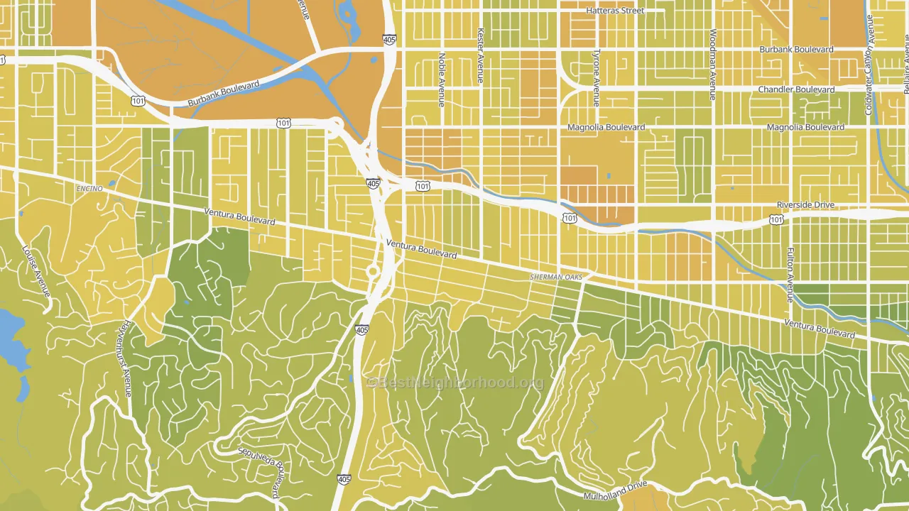 Map of the best neighborhoods in the 91403 area, with better matches in green and worse matches in red