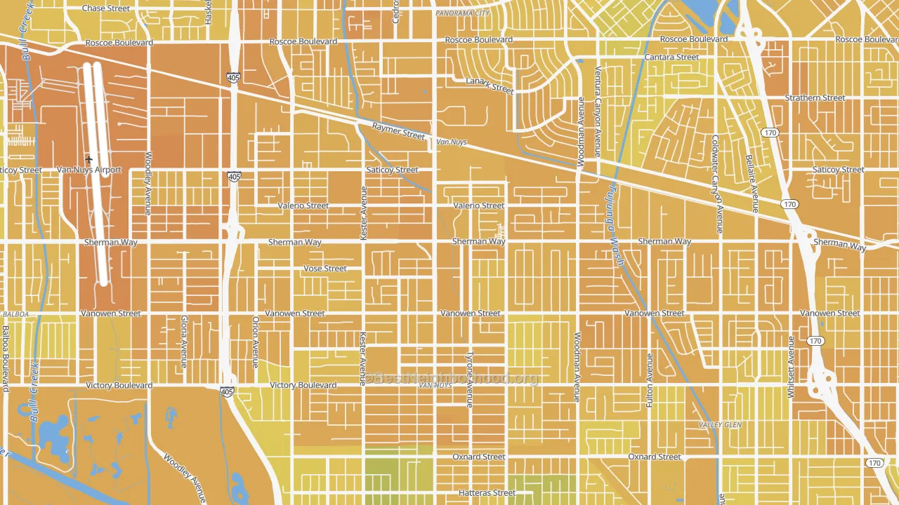 Map of the best neighborhoods in the 91405 area, with better matches in green and worse matches in red