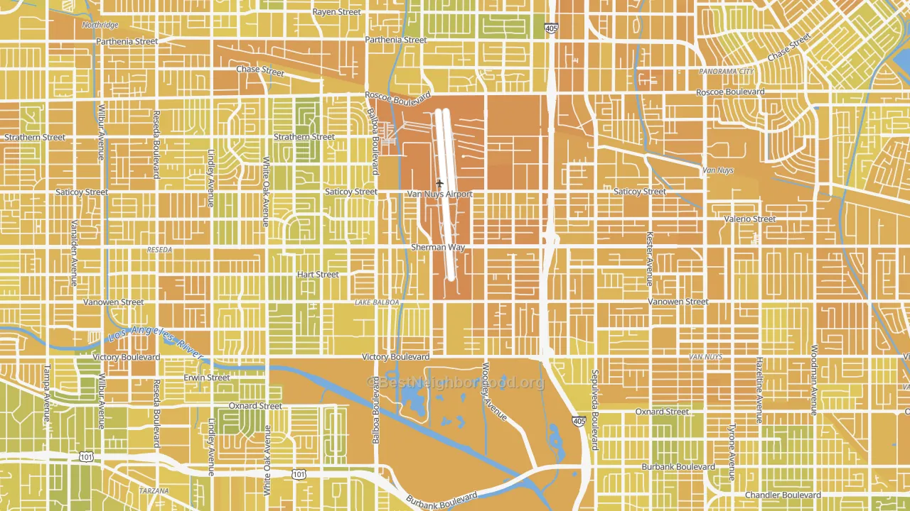 Map of the best neighborhoods in the 91406 area, with better matches in green and worse matches in red