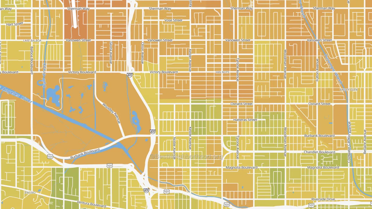 Map of the best neighborhoods in the 91411 area, with better matches in green and worse matches in red