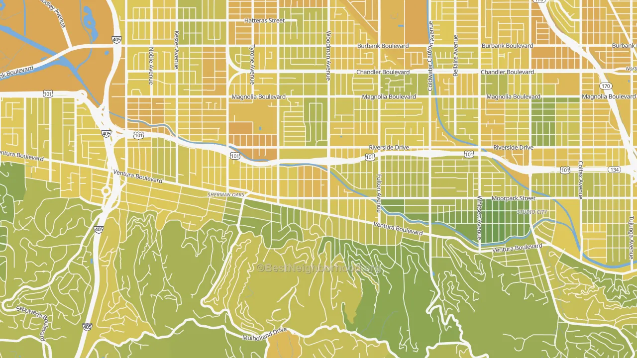 Map of the best neighborhoods in the 91423 area, with better matches in green and worse matches in red