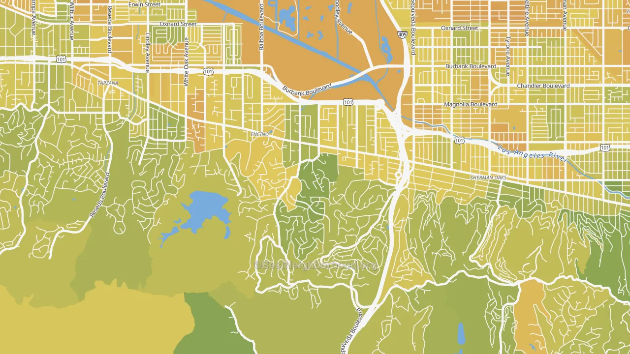 Map of the best neighborhoods in the 91436 area, with better matches in green and worse matches in red