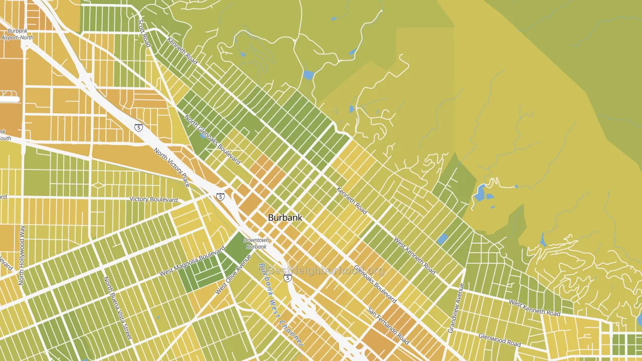 Map of the best neighborhoods in the 91501 area, with better matches in green and worse matches in red