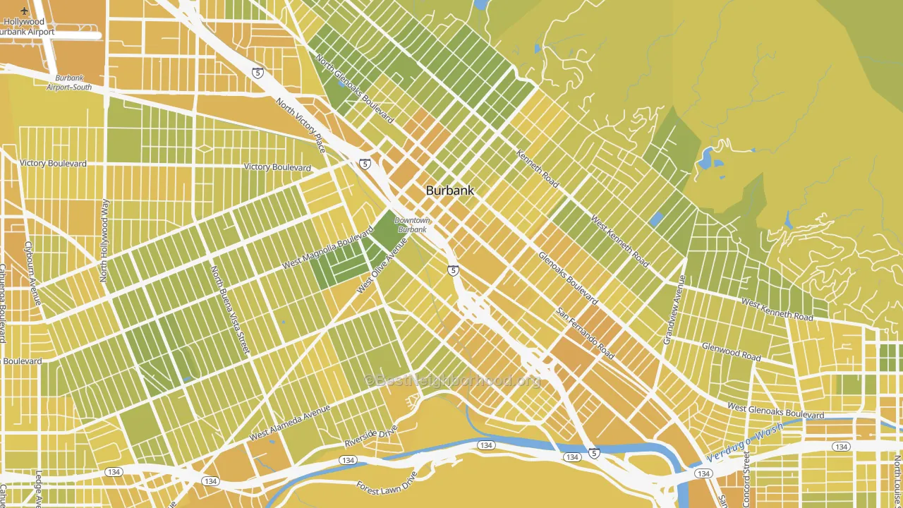 Map of the best neighborhoods in the 91502 area, with better matches in green and worse matches in red