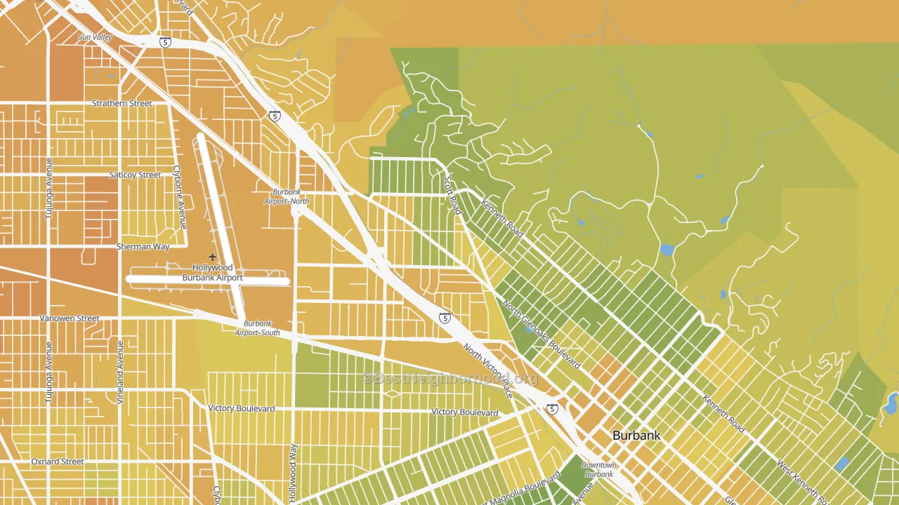Map of the best neighborhoods in the 91504 area, with better matches in green and worse matches in red