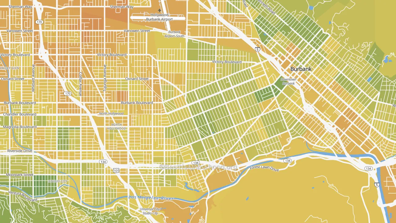 Map of the best neighborhoods in the 91505 area, with better matches in green and worse matches in red