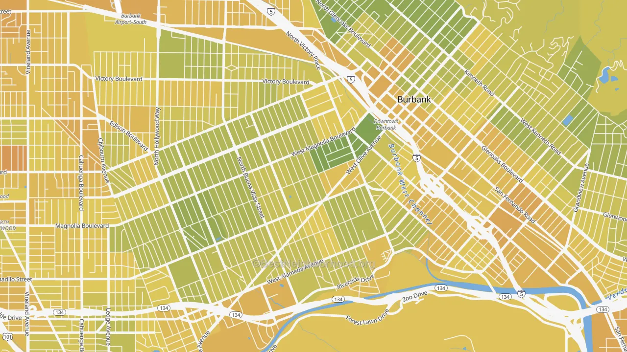 Map of the best neighborhoods in the 91506 area, with better matches in green and worse matches in red