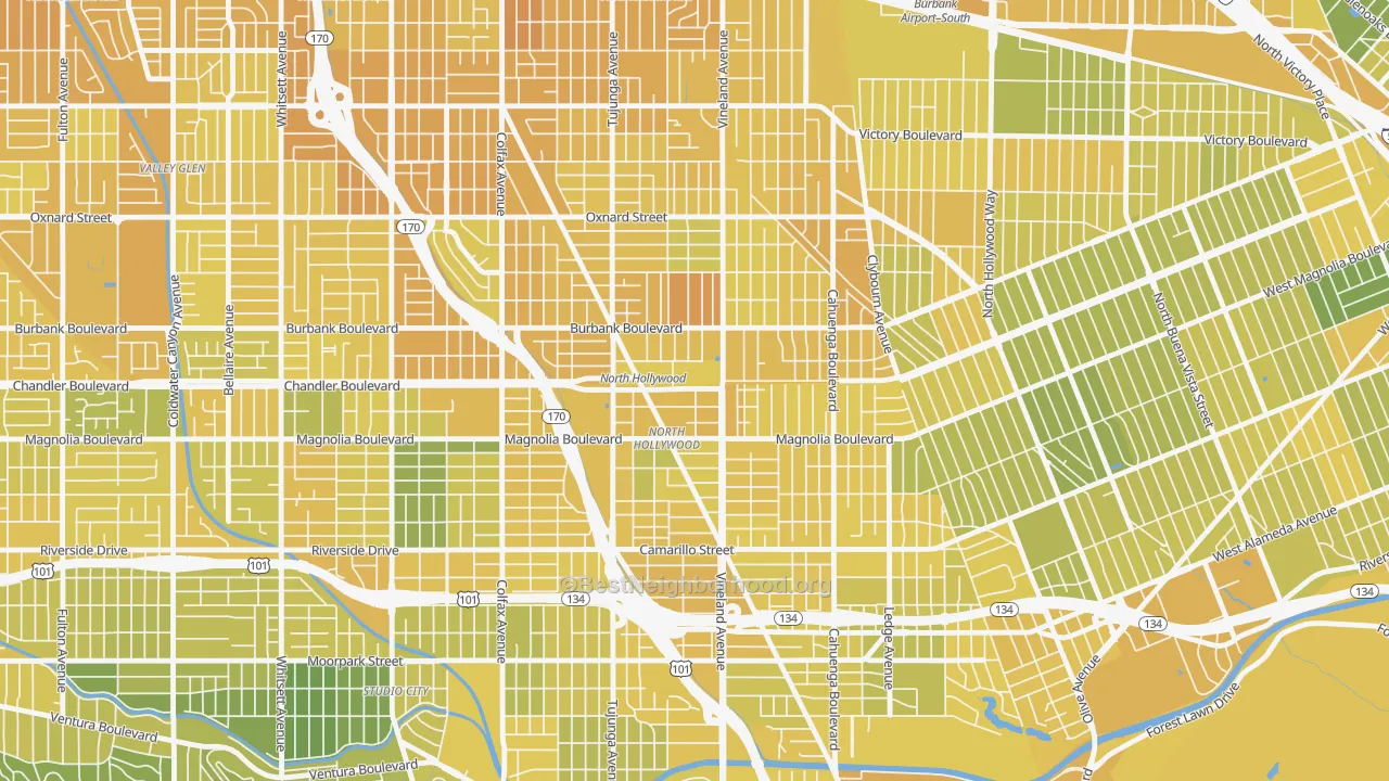 Map of the best neighborhoods in the 91601 area, with better matches in green and worse matches in red