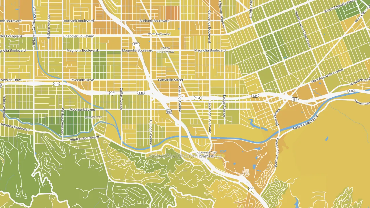 Map of the best neighborhoods in the 91602 area, with better matches in green and worse matches in red