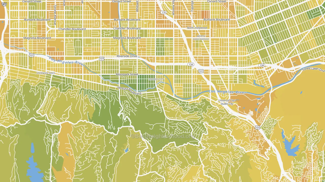 Map of the best neighborhoods in the 91604 area, with better matches in green and worse matches in red