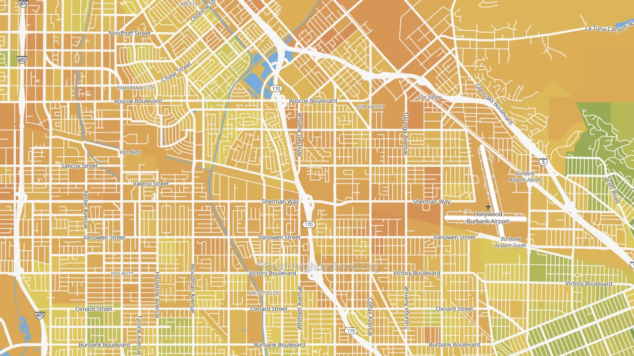 Map of the best neighborhoods in the 91605 area, with better matches in green and worse matches in red