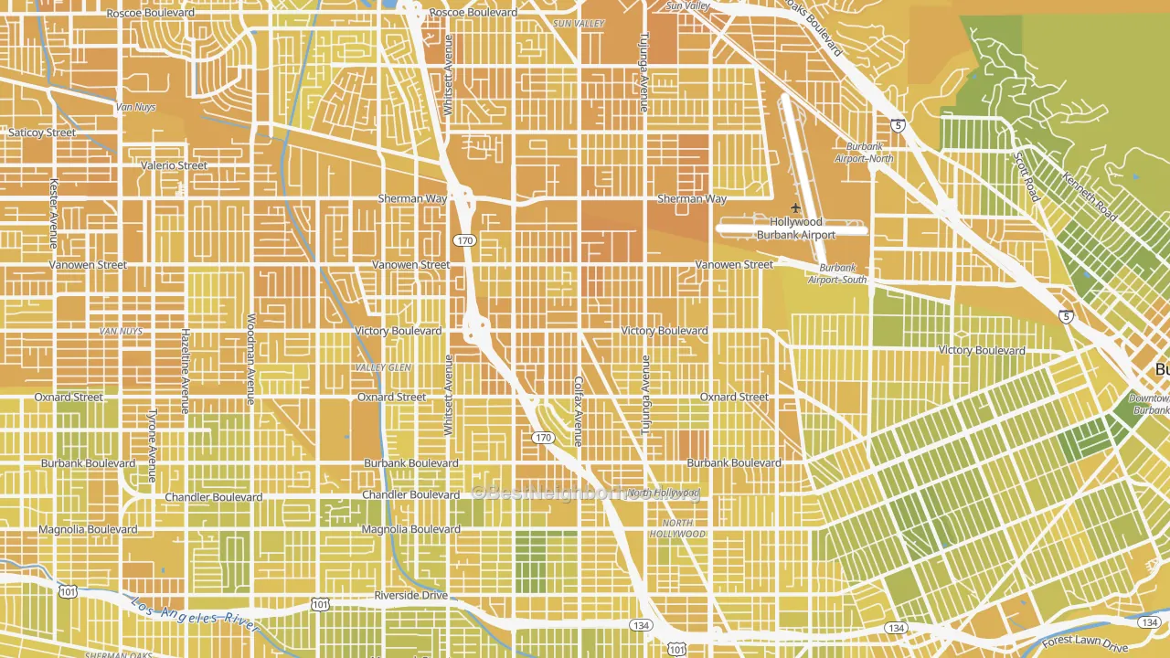 Map of the best neighborhoods in the 91606 area, with better matches in green and worse matches in red