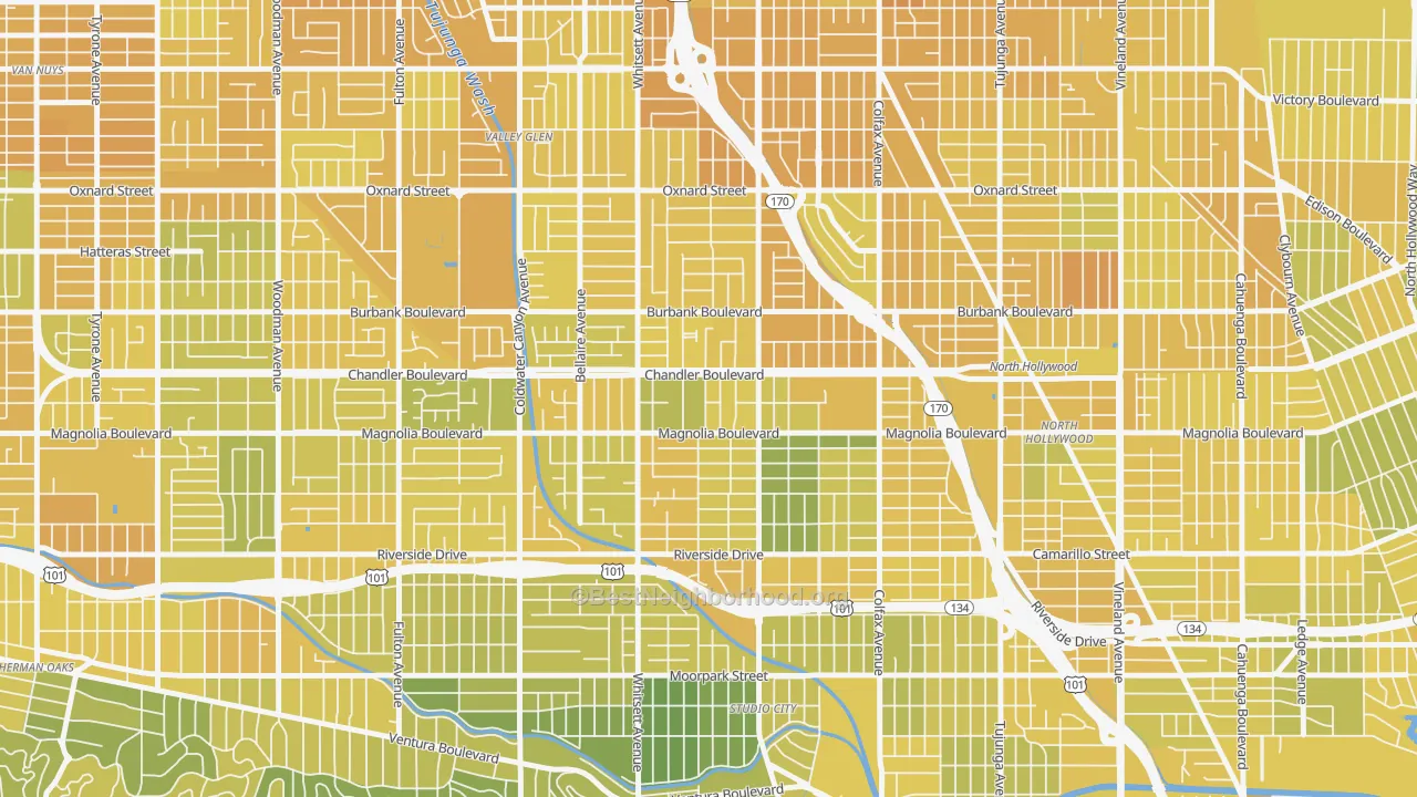 Map of the best neighborhoods in the 91607 area, with better matches in green and worse matches in red