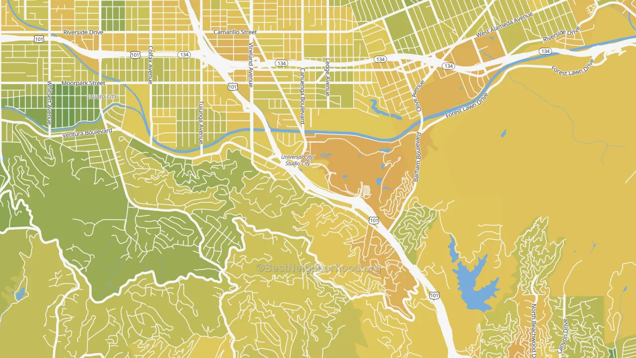Map of the best neighborhoods in the 91608 area, with better matches in green and worse matches in red