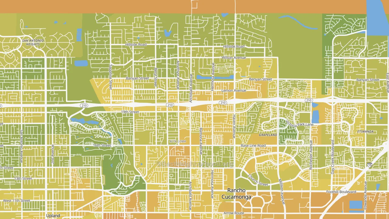 Map of the best neighborhoods in the 91701 area, with better matches in green and worse matches in red