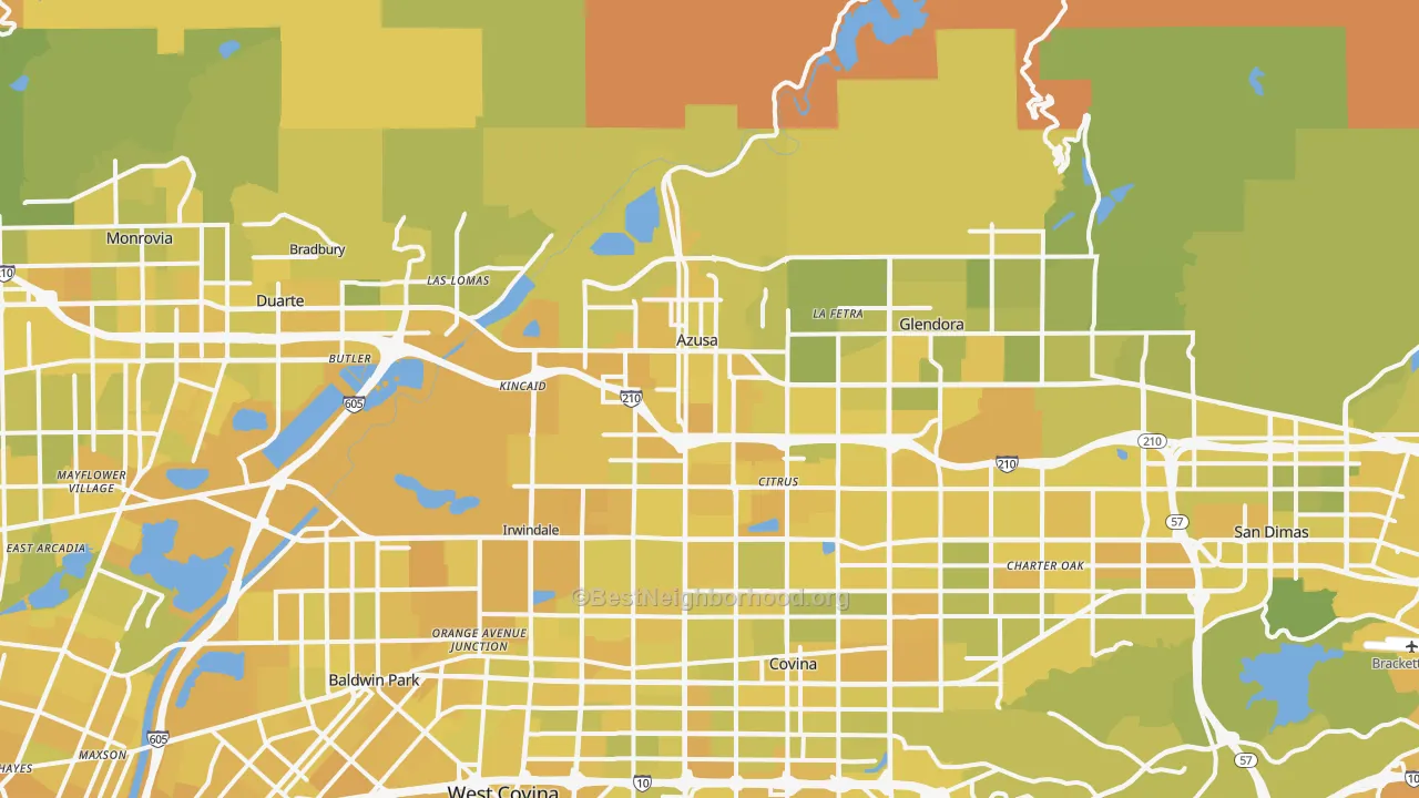 Map of the best neighborhoods in the 91702 area, with better matches in green and worse matches in red