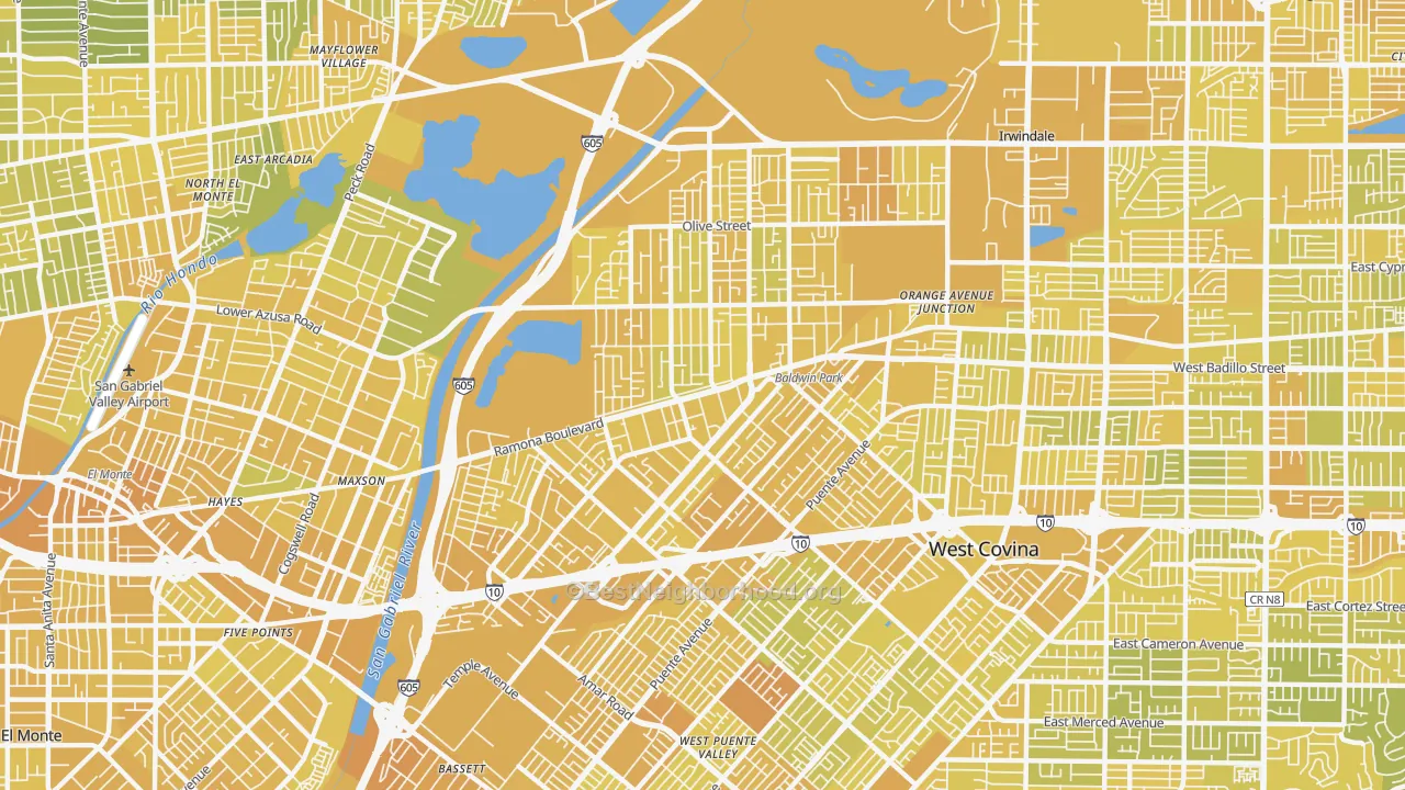 Map of the best neighborhoods in the 91706 area, with better matches in green and worse matches in red