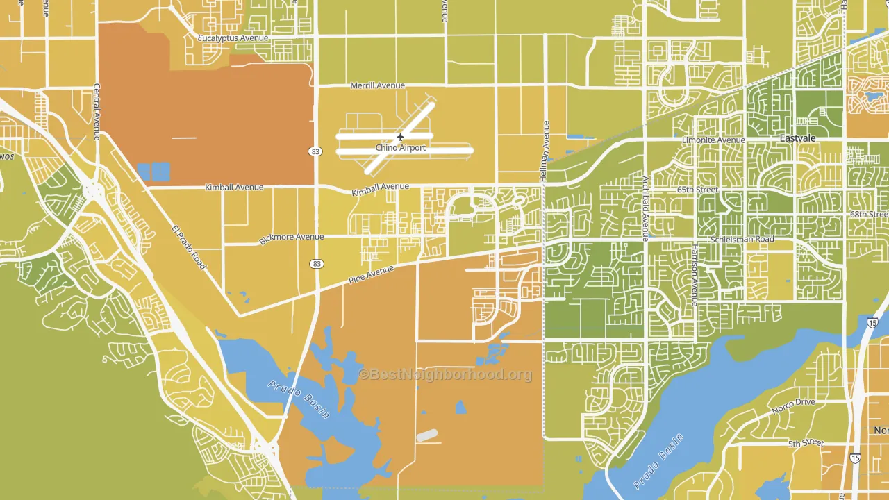 Map of the best neighborhoods in the 91708 area, with better matches in green and worse matches in red