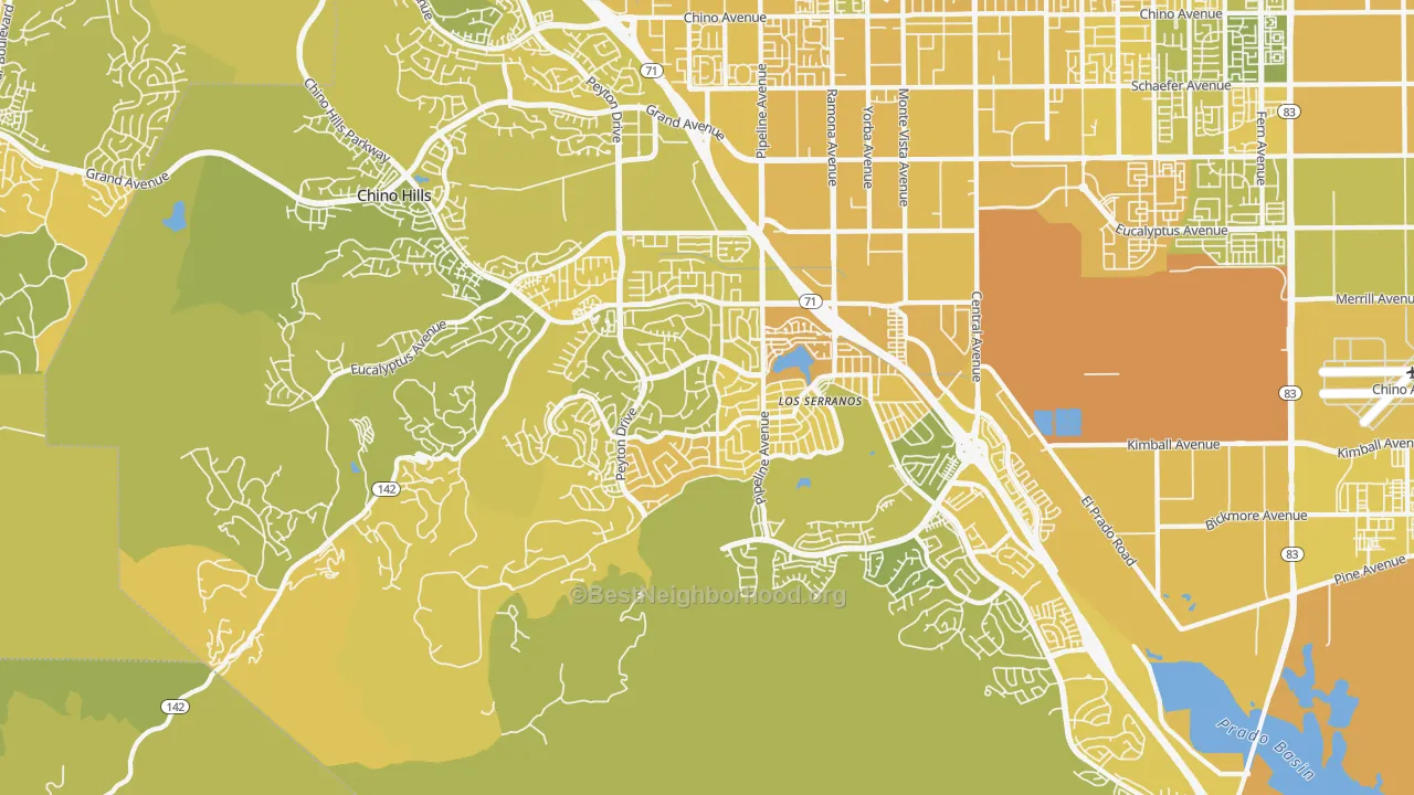 Map of the best neighborhoods in the 91709 area, with better matches in green and worse matches in red