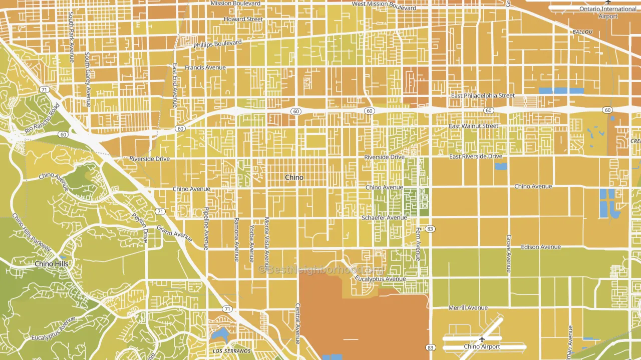 Map of the best neighborhoods in the 91710 area, with better matches in green and worse matches in red