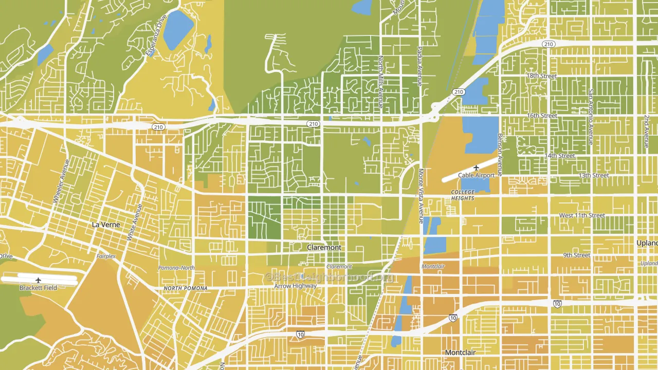 Map of the best neighborhoods in the 91711 area, with better matches in green and worse matches in red