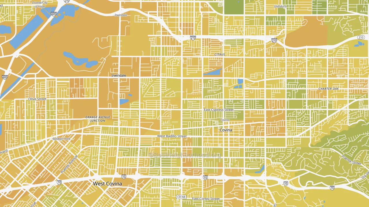 Map of the best neighborhoods in the 91722 area, with better matches in green and worse matches in red