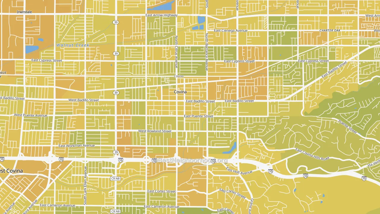 Map of the best neighborhoods in the 91723 area, with better matches in green and worse matches in red