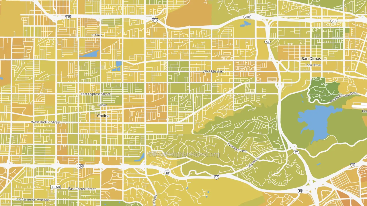 Map of the best neighborhoods in the 91724 area, with better matches in green and worse matches in red