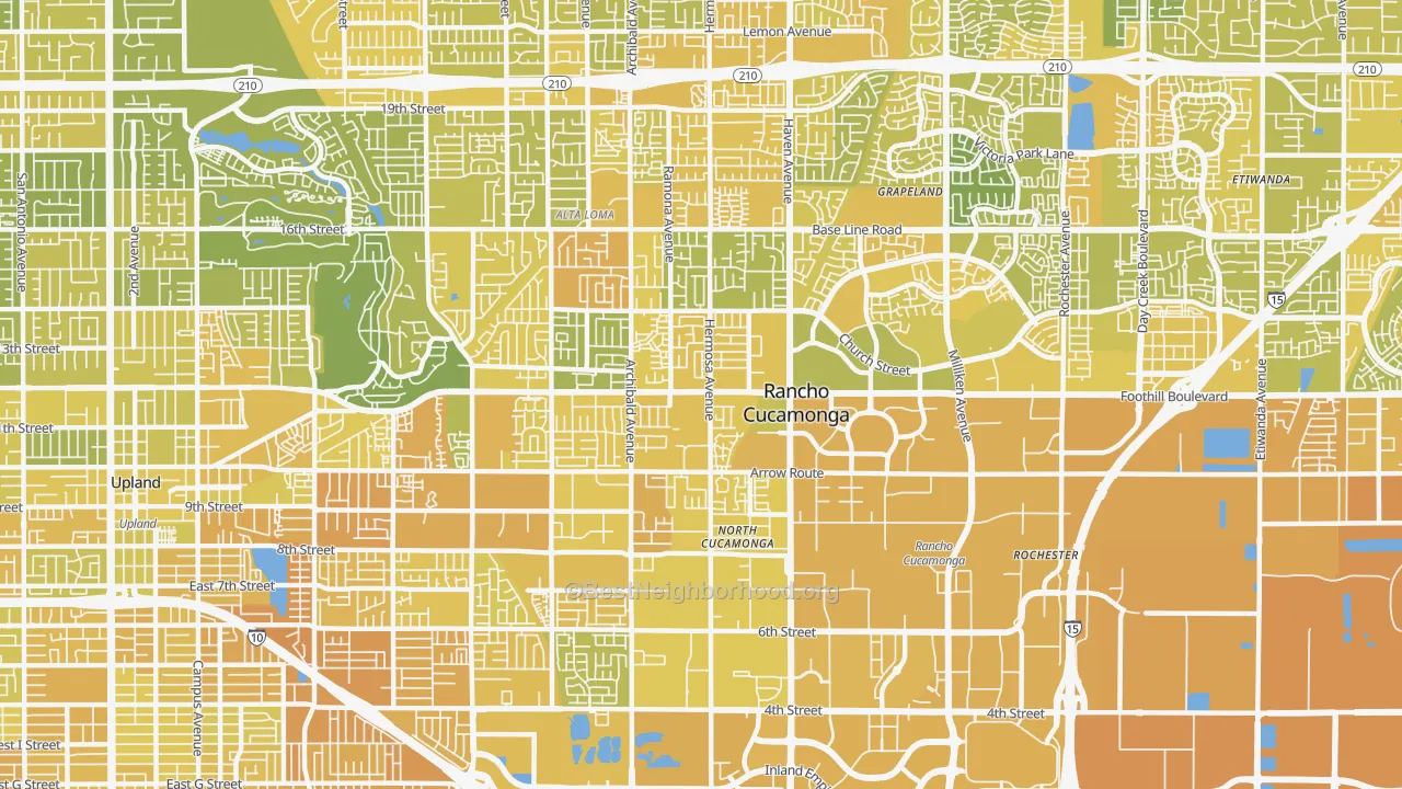 Map of the best neighborhoods in the 91730 area, with better matches in green and worse matches in red