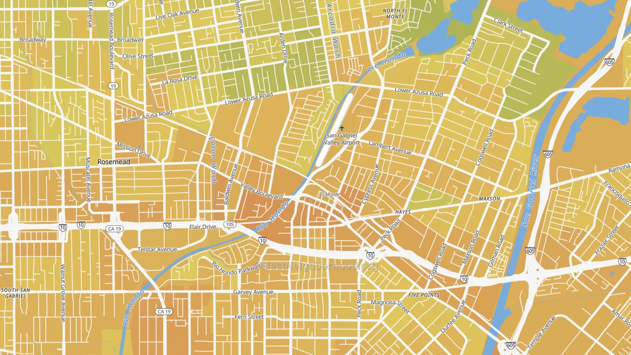 Map of the best neighborhoods in the 91731 area, with better matches in green and worse matches in red