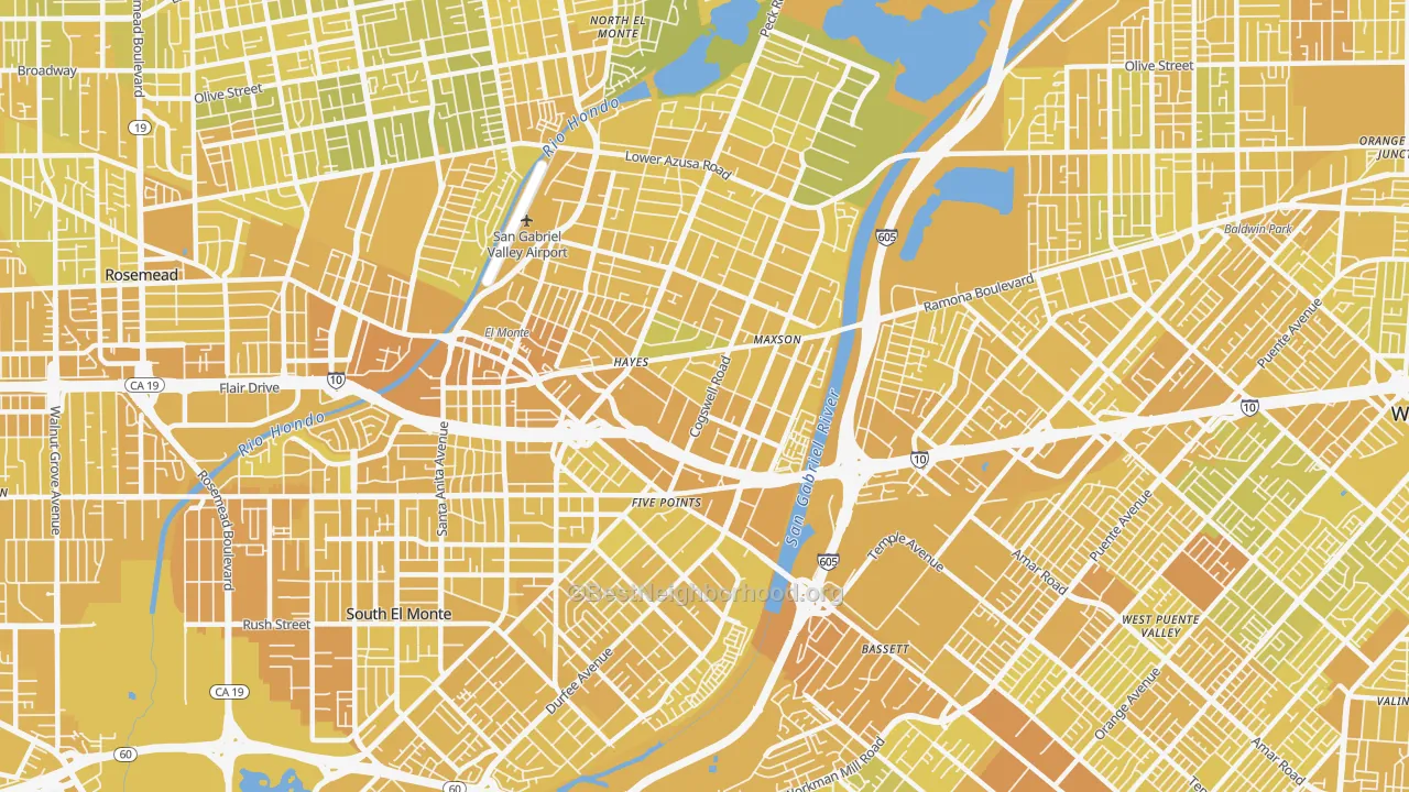 Map of the best neighborhoods in the 91732 area, with better matches in green and worse matches in red