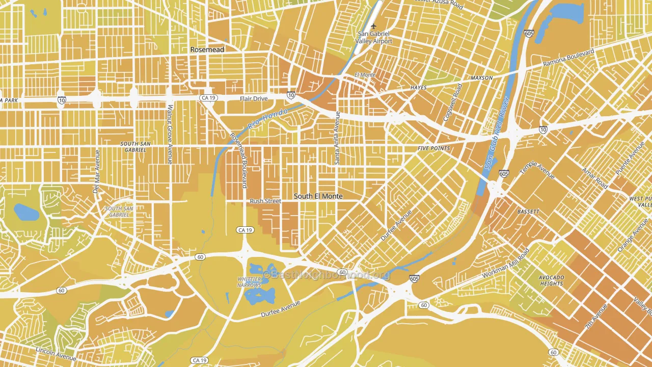 Map of the best neighborhoods in the 91733 area, with better matches in green and worse matches in red