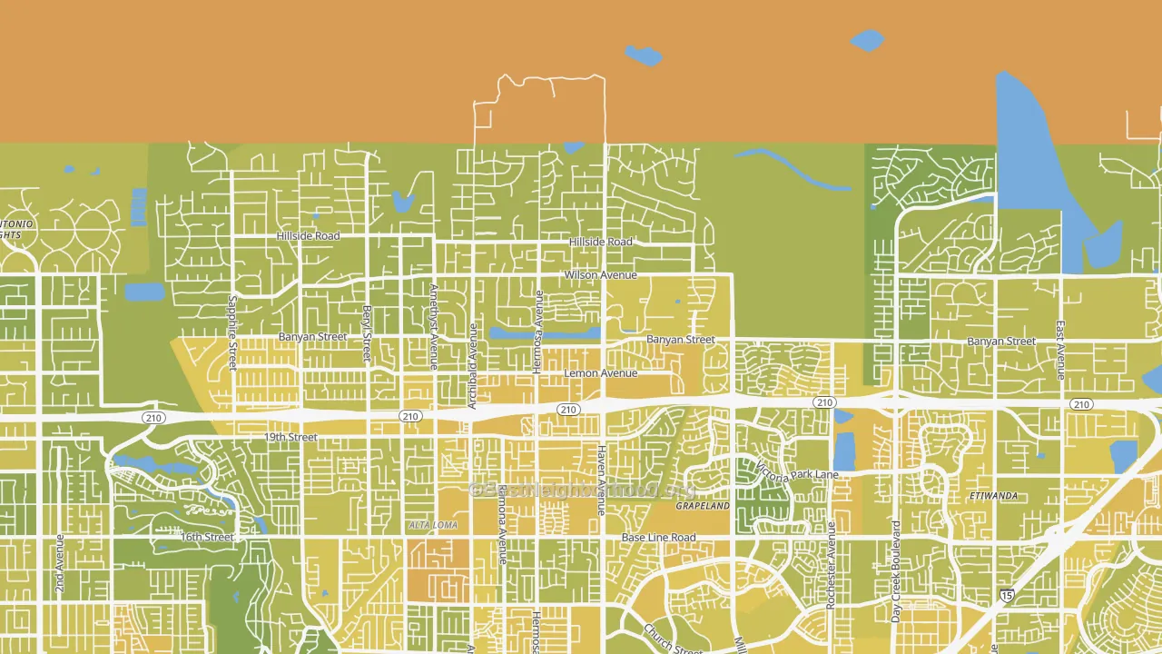 Map of the best neighborhoods in the 91737 area, with better matches in green and worse matches in red