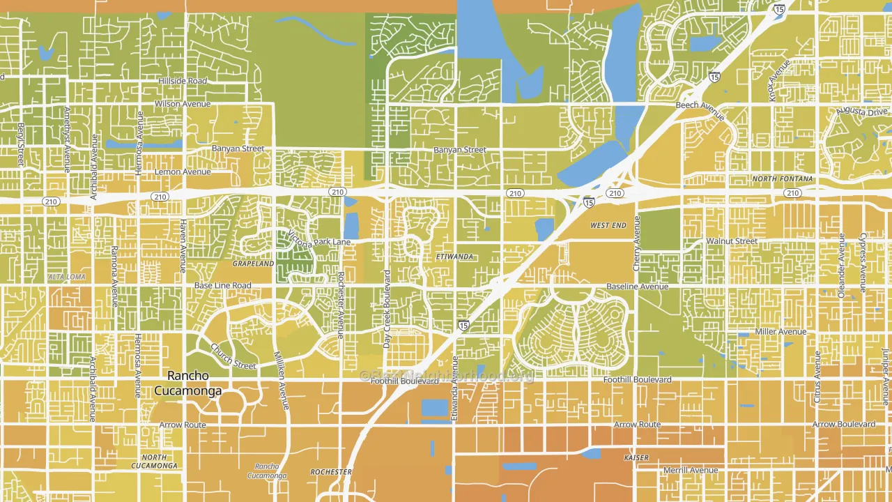 Map of the best neighborhoods in the 91739 area, with better matches in green and worse matches in red