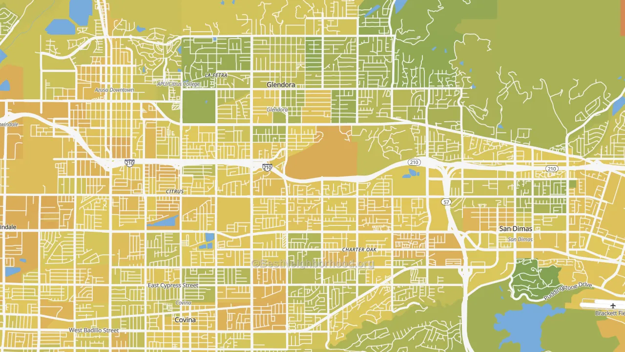 Map of the best neighborhoods in the 91740 area, with better matches in green and worse matches in red