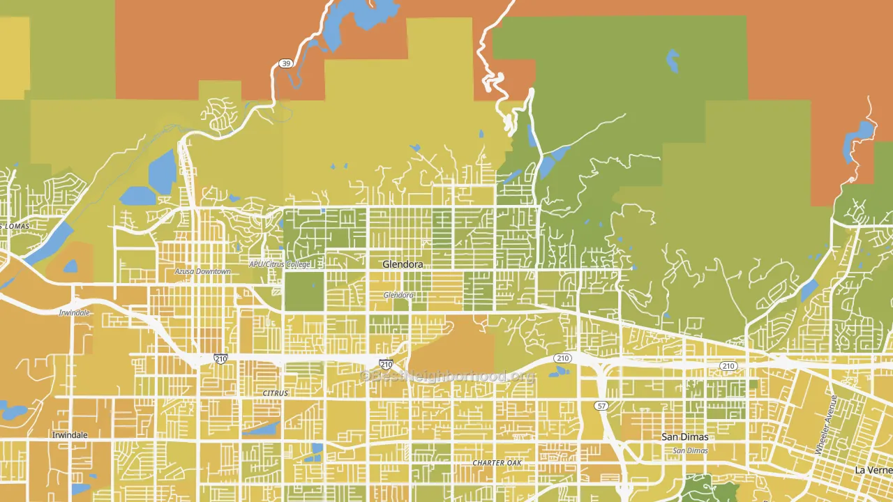 Map of the best neighborhoods in the 91741 area, with better matches in green and worse matches in red