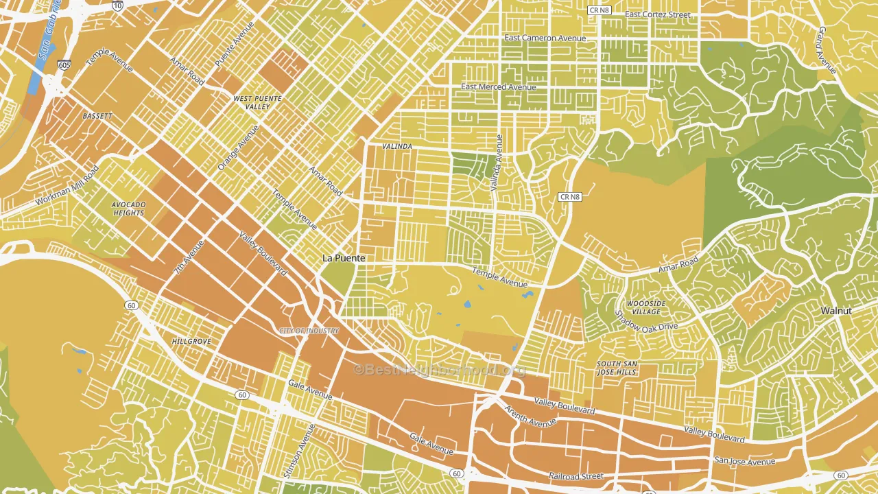 Map of the best neighborhoods in the 91744 area, with better matches in green and worse matches in red