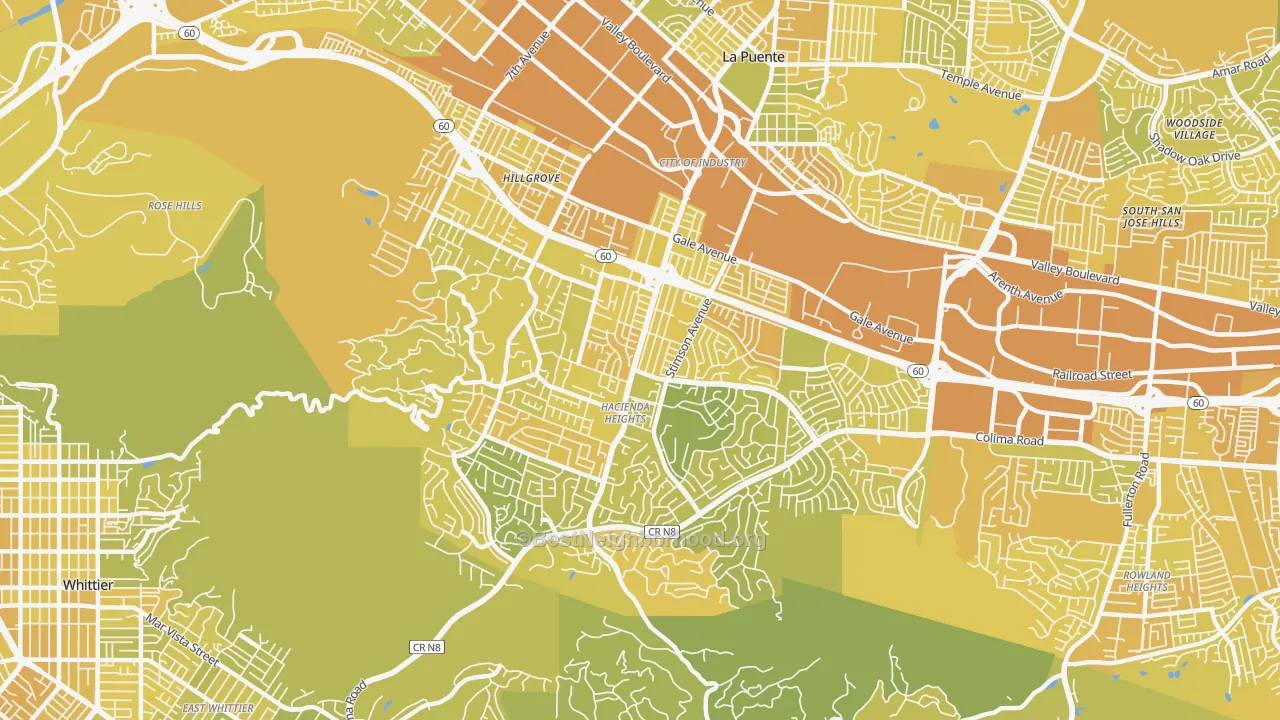 Map of the best neighborhoods in the 91745 area, with better matches in green and worse matches in red