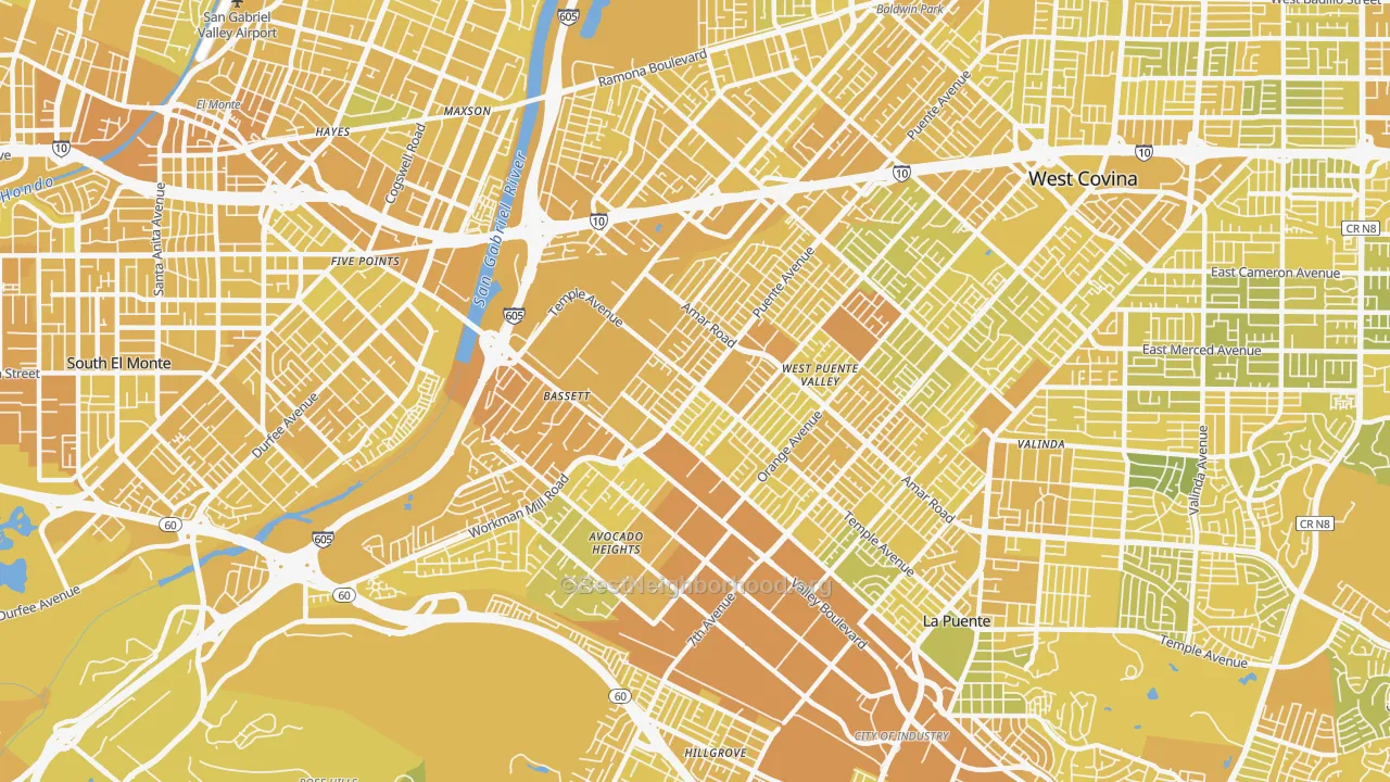 Map of the best neighborhoods in the 91746 area, with better matches in green and worse matches in red