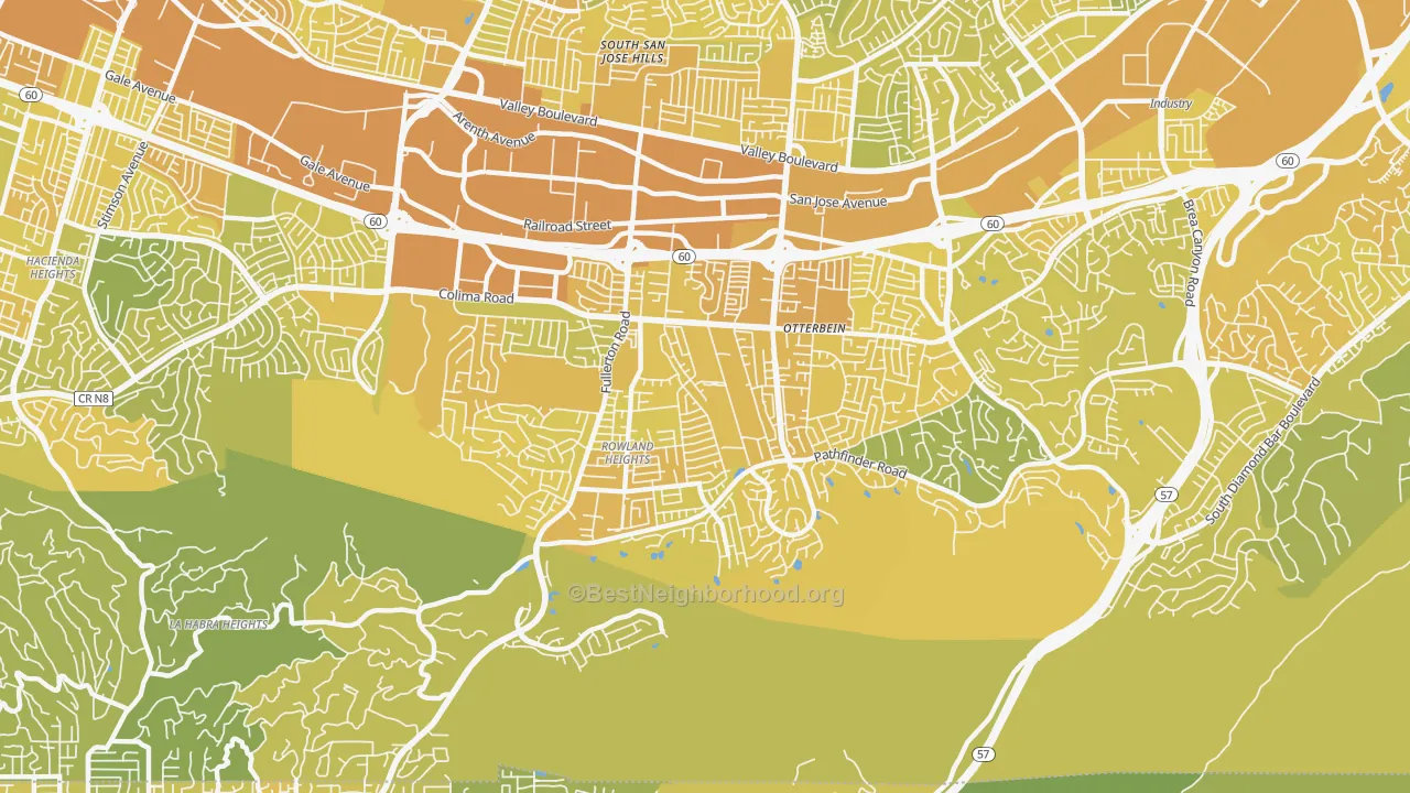 Map of the best neighborhoods in the 91748 area, with better matches in green and worse matches in red