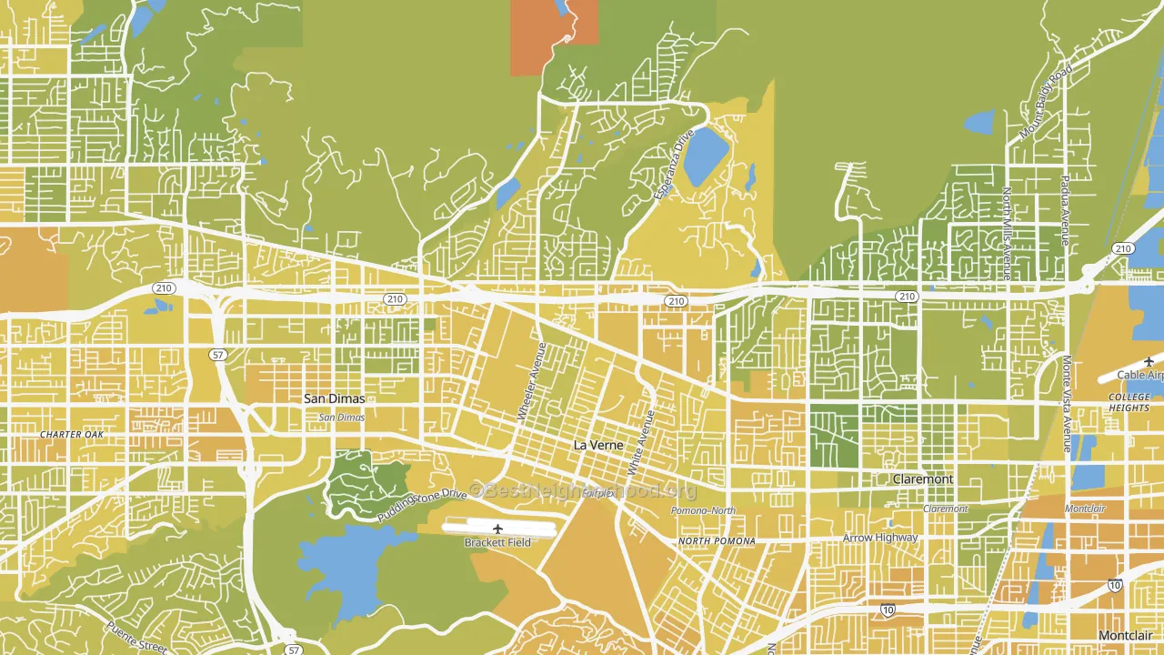 Map of the best neighborhoods in the 91750 area, with better matches in green and worse matches in red