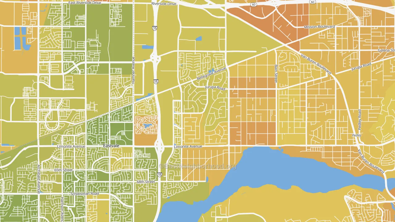 Map of the best neighborhoods in the 91752 area, with better matches in green and worse matches in red